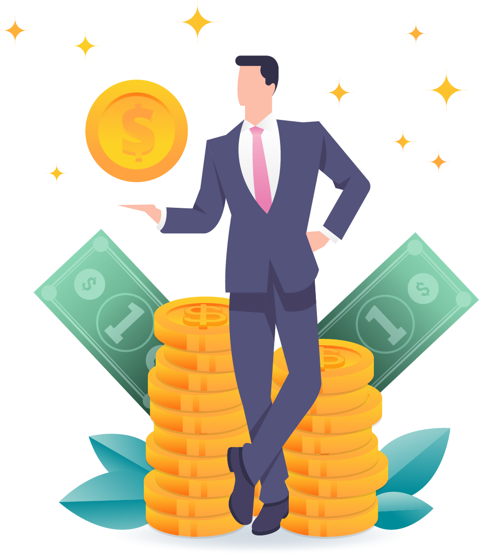 A professional man standing next to a large pile of money