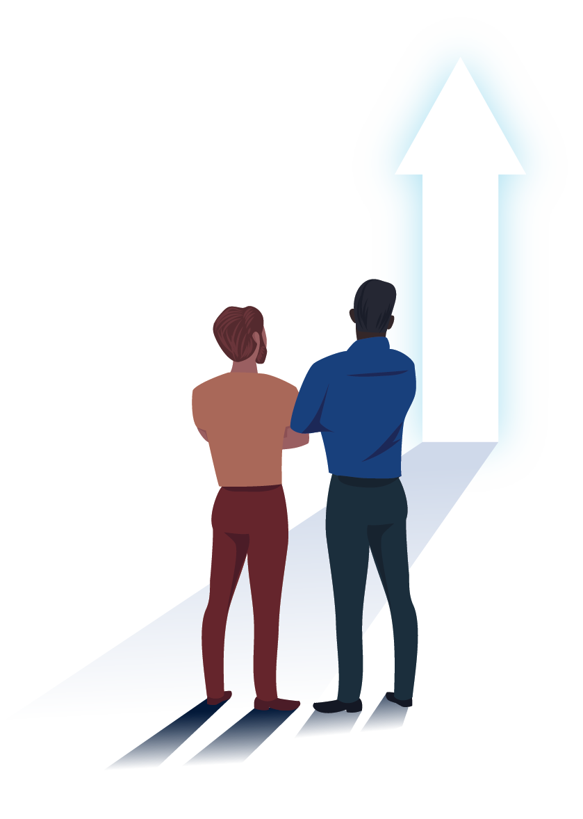 Two men standing and looking at an up arrow.