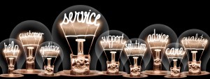 Group of light bulbs with shining fibers in shapes of Service, Advice, Quality, Help and Customer concept related words isolated on black background