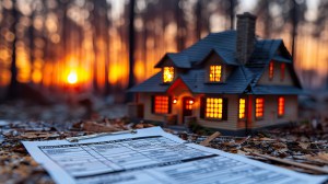 Model house ravaged by disaster, flanked by a property insurance claim form highlighting coverage during crises, against a blurred backdrop offering ample copy space.