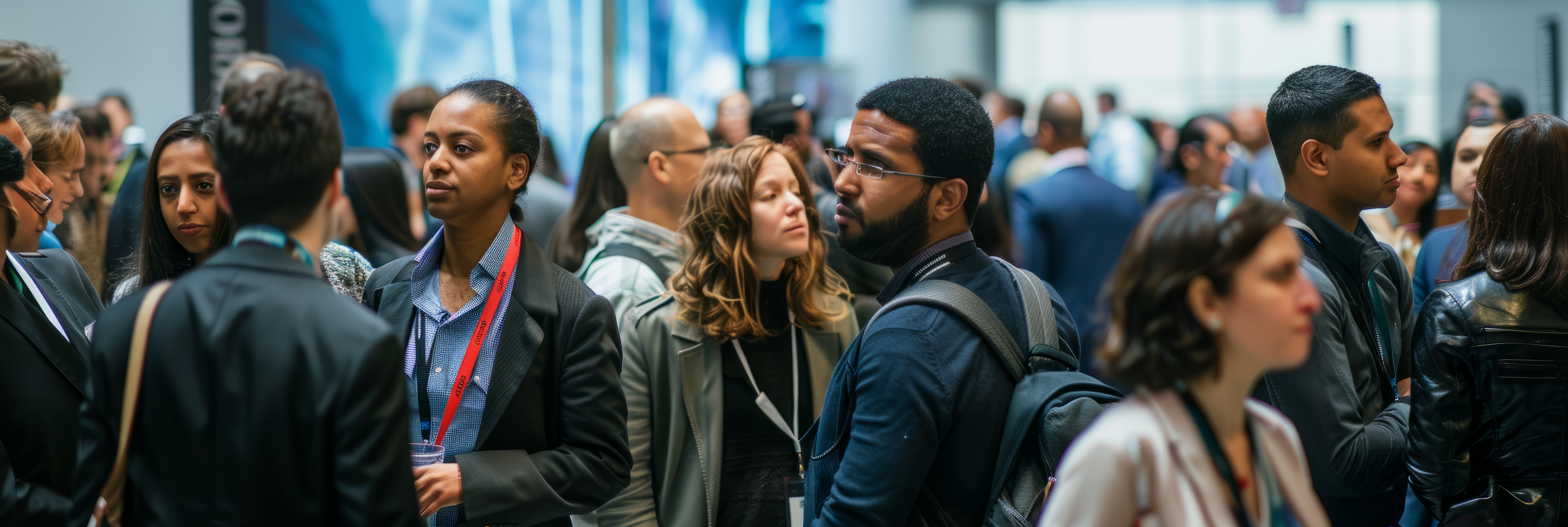 A diverse group of individuals stand in a crowded conference hall, engaging in conversations and networking during a professional event