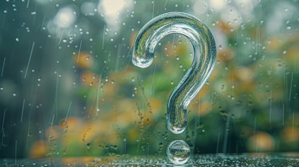 Question mark on wet glass with raindrops and blurry background.