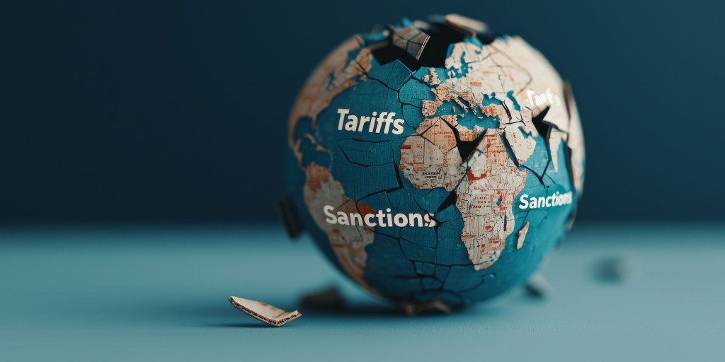 A conceptual globe image depicting global issues like tariffs and sanctions, illustrating geopolitical tensions and trade impacts.