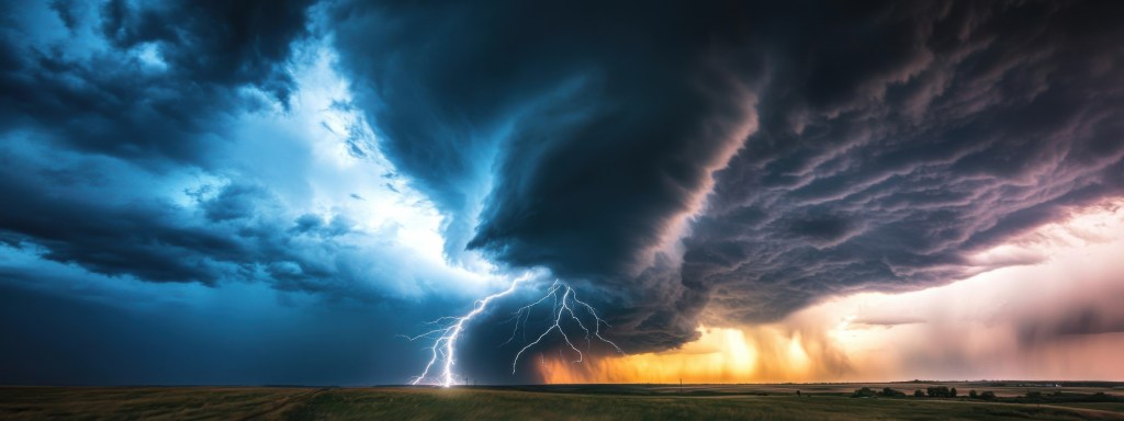 The dramatic collision of two storm fronts over the American Midwest during tornado season, Storm scene, Dramatic style