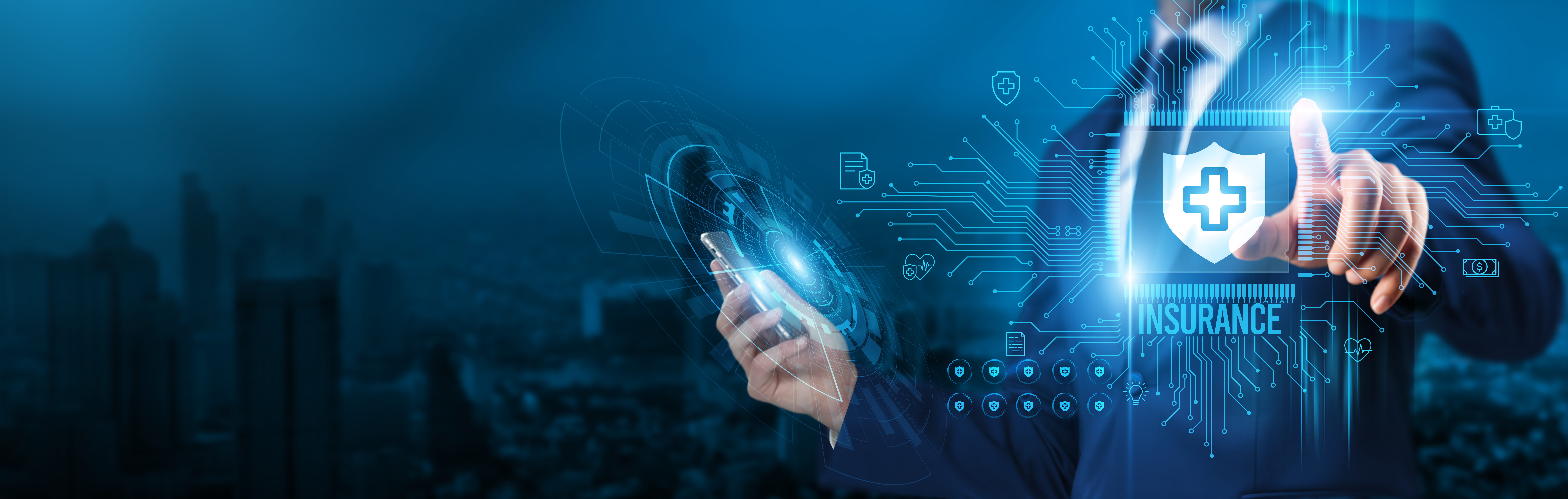 insurance technology. Businessman touch a circuit board insurance reinforces global network stability by providing financial protection against risks, ensuring business continuity and security.