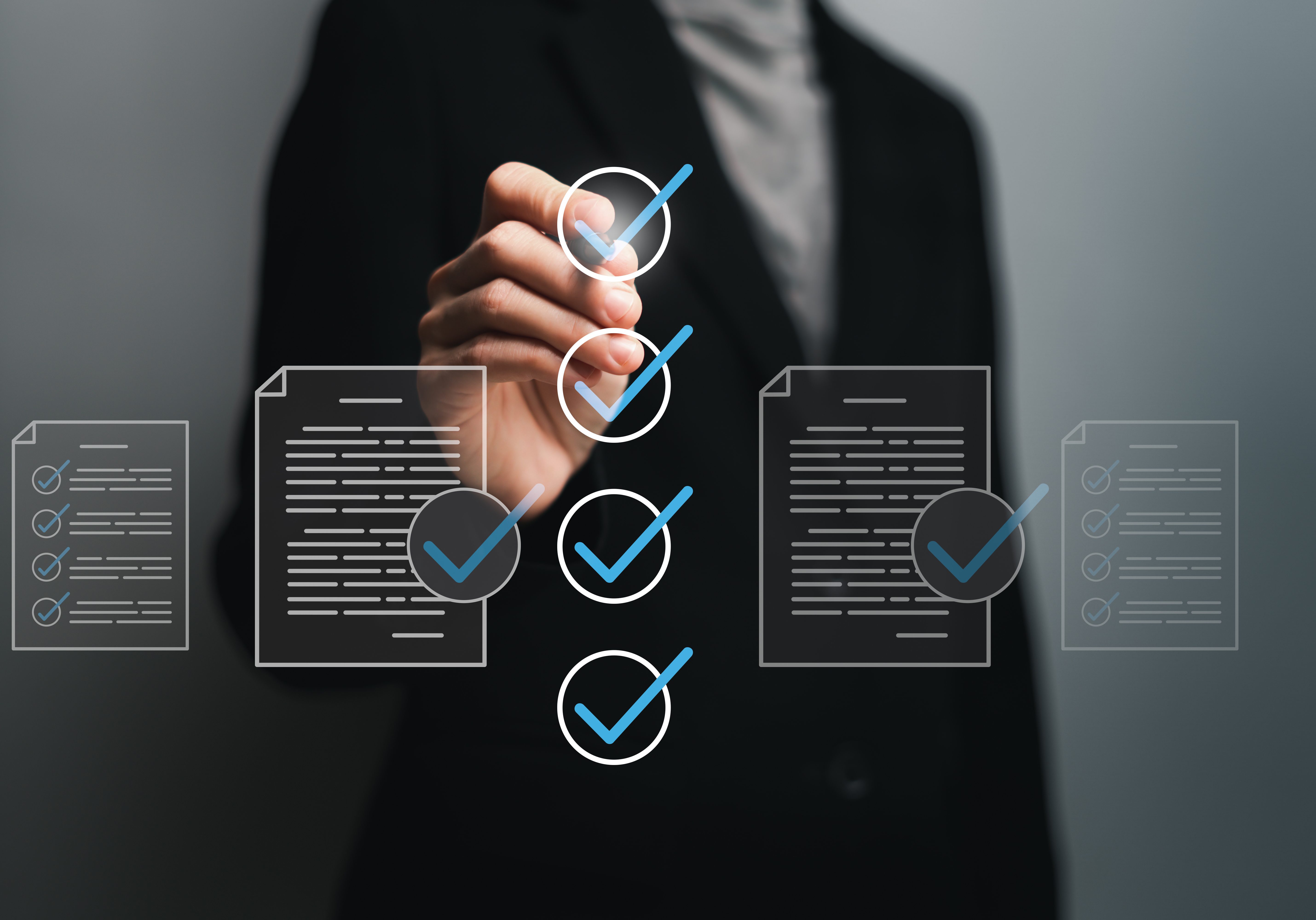 Smart checklist document management certificate and quality control concept, Businesswomen mark on checklist box database and process automation to efficiently manage files Standardization of  product