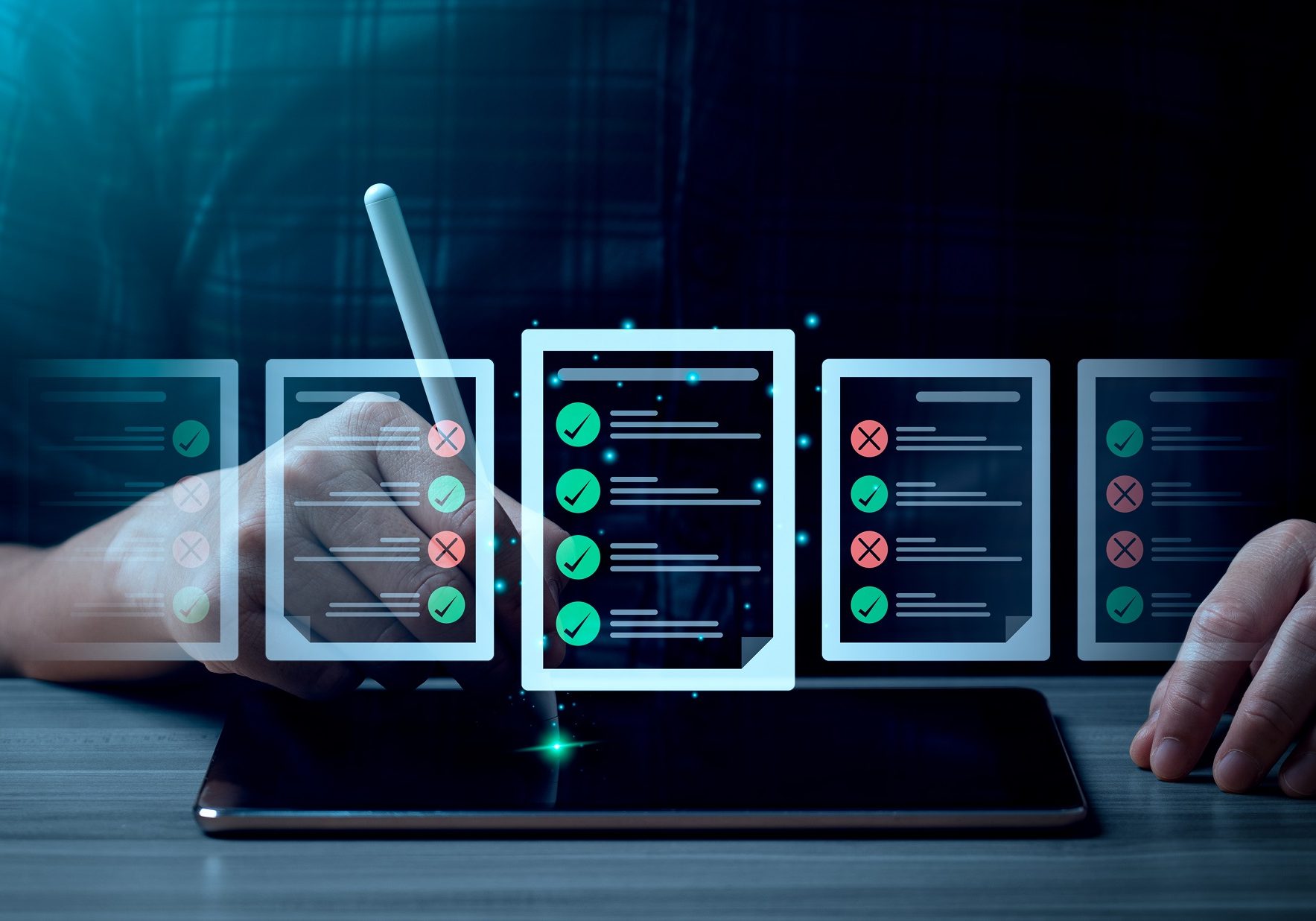 Business performance checklist, businessman using laptop doing online checklist survey, Check marks on checklist and Filling online form or answering questions. evaluation, online survey, online exam.